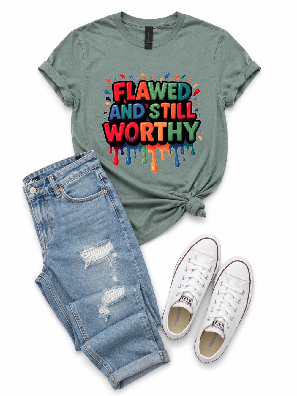 Flawed and Still Worthy Graphic Tee - Sage Green